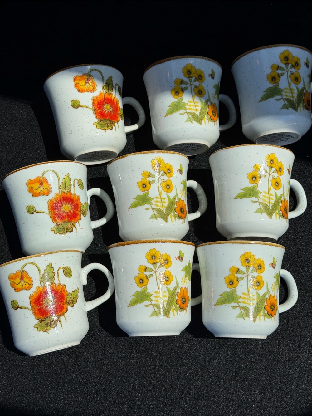 Vintage Mikasa White Ceramic Mugs with Yellow & Orange Floral Pattern - Set of 9